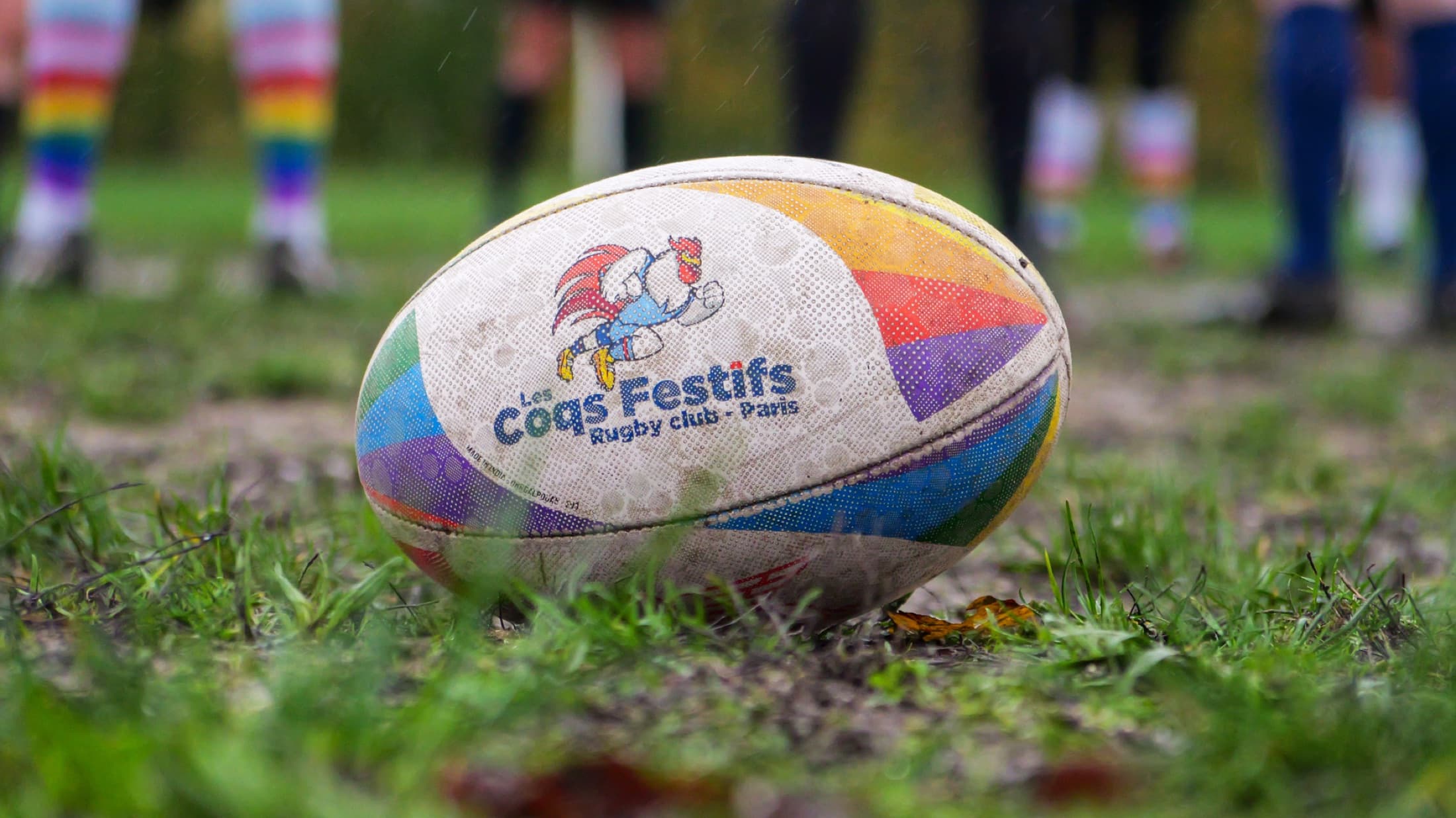 Ballon de rugby Les Coqs Festifs sur la pelouse